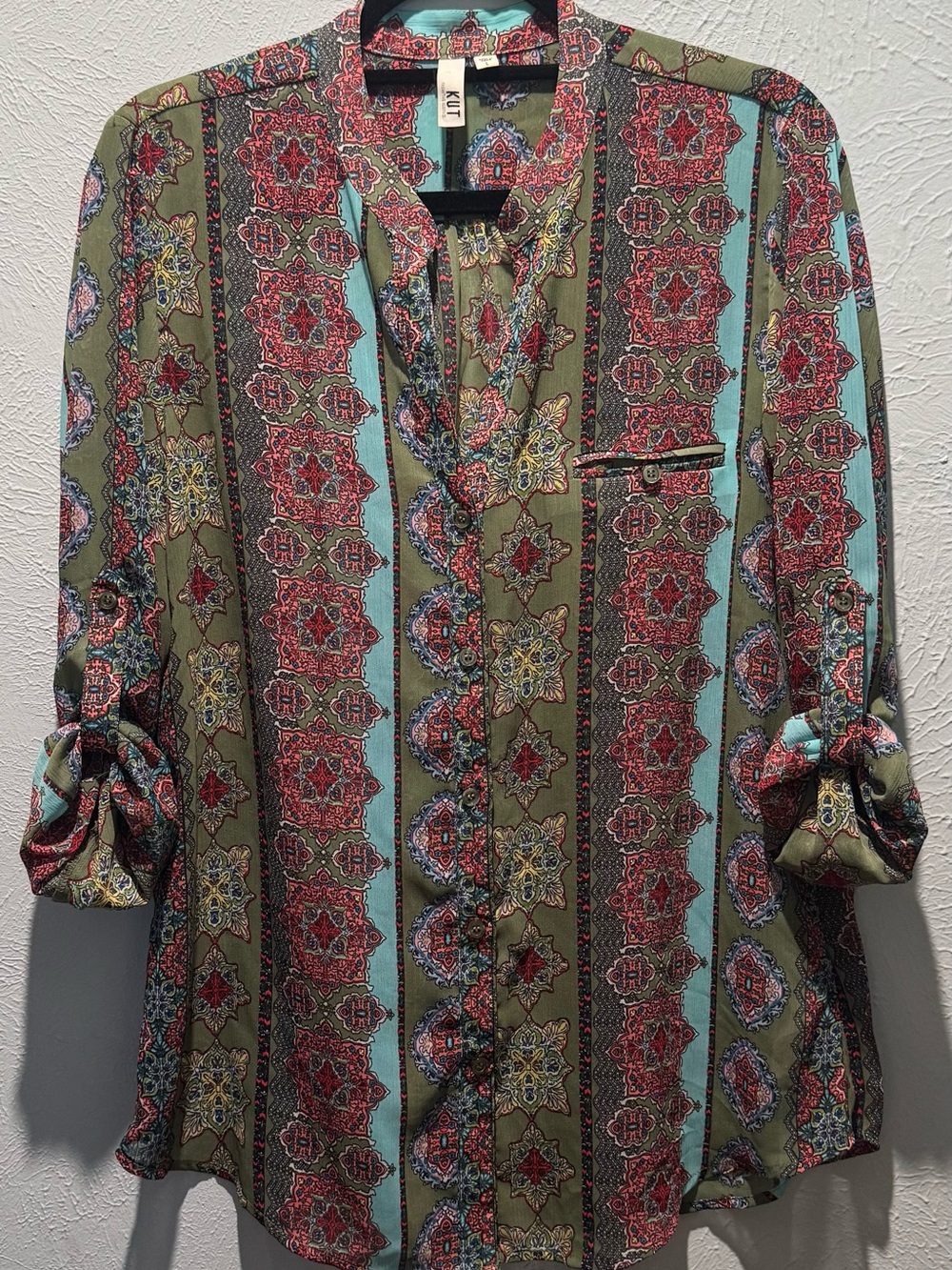 Kut from the Kloth Olive, Teal & Red Patterned Men's Button-Down Shirt